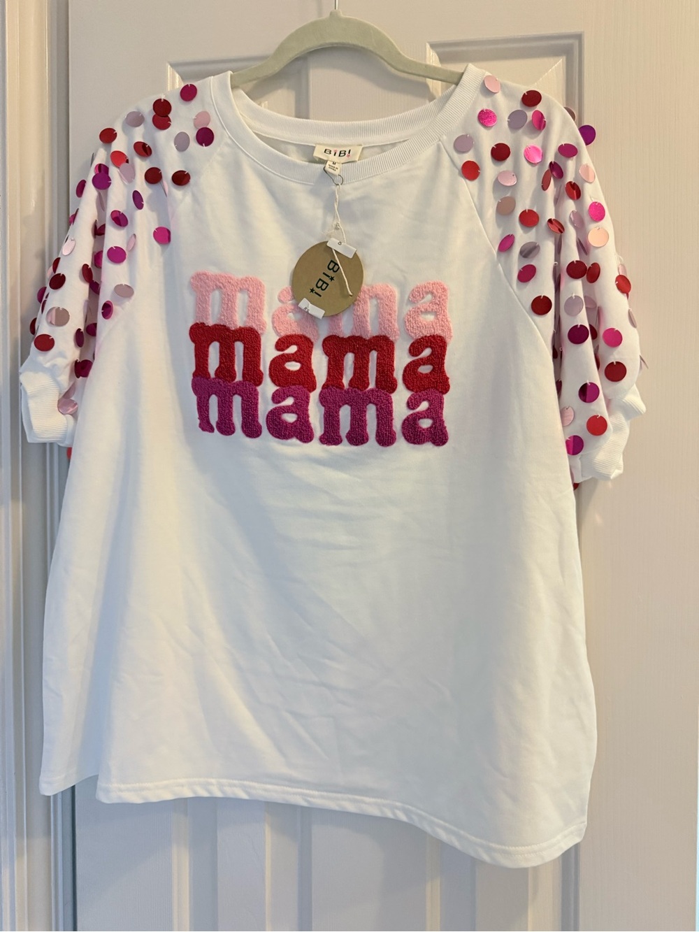 BiBi White Tee with Pink & Red 'mama' Chenille and Sequin Sleeves